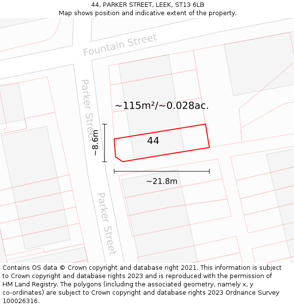 44, PARKER STREET, LEEK, ST13 6LB: Plot and title map