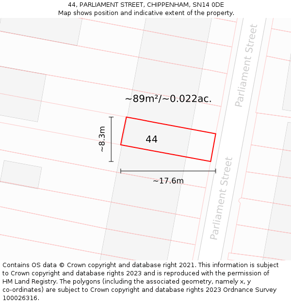 44, PARLIAMENT STREET, CHIPPENHAM, SN14 0DE: Plot and title map