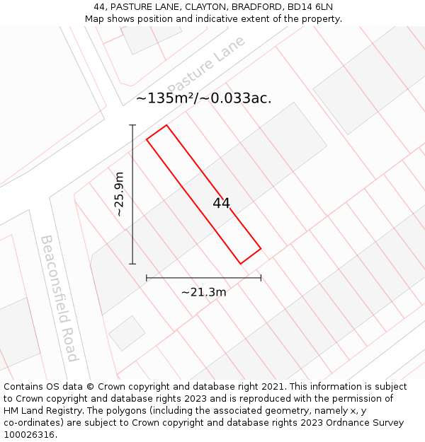 44, PASTURE LANE, CLAYTON, BRADFORD, BD14 6LN: Plot and title map