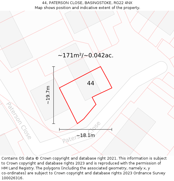 44, PATERSON CLOSE, BASINGSTOKE, RG22 4NX: Plot and title map