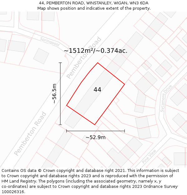 44, PEMBERTON ROAD, WINSTANLEY, WIGAN, WN3 6DA: Plot and title map