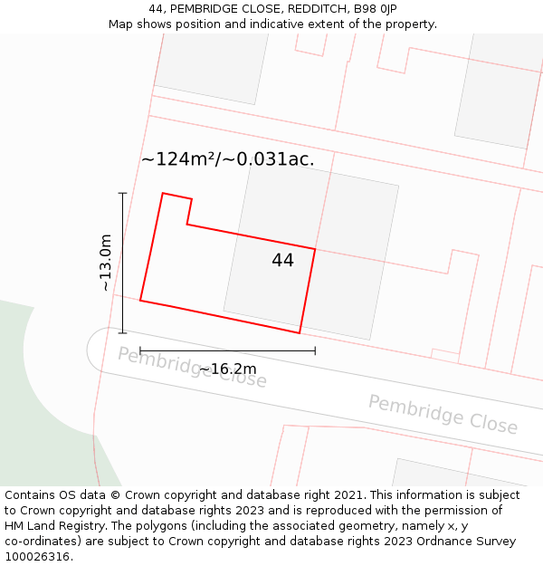 44, PEMBRIDGE CLOSE, REDDITCH, B98 0JP: Plot and title map
