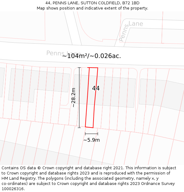44, PENNS LANE, SUTTON COLDFIELD, B72 1BD: Plot and title map