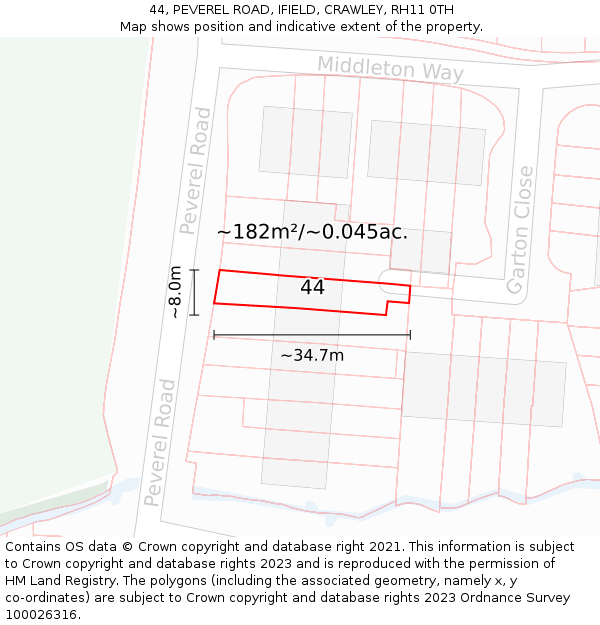 44, PEVEREL ROAD, IFIELD, CRAWLEY, RH11 0TH: Plot and title map