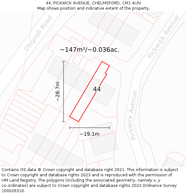 44, PICKWICK AVENUE, CHELMSFORD, CM1 4UN: Plot and title map