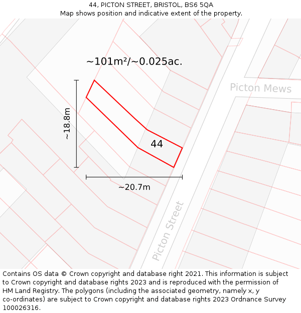 44, PICTON STREET, BRISTOL, BS6 5QA: Plot and title map