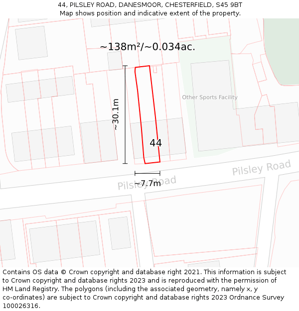44, PILSLEY ROAD, DANESMOOR, CHESTERFIELD, S45 9BT: Plot and title map