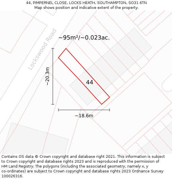44, PIMPERNEL CLOSE, LOCKS HEATH, SOUTHAMPTON, SO31 6TN: Plot and title map