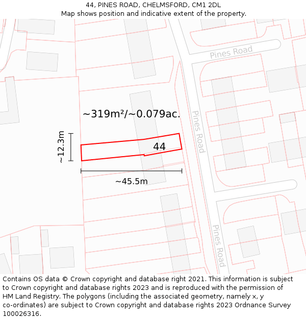 44, PINES ROAD, CHELMSFORD, CM1 2DL: Plot and title map