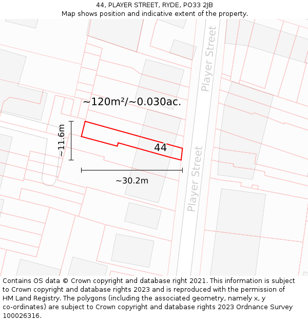 44, PLAYER STREET, RYDE, PO33 2JB: Plot and title map