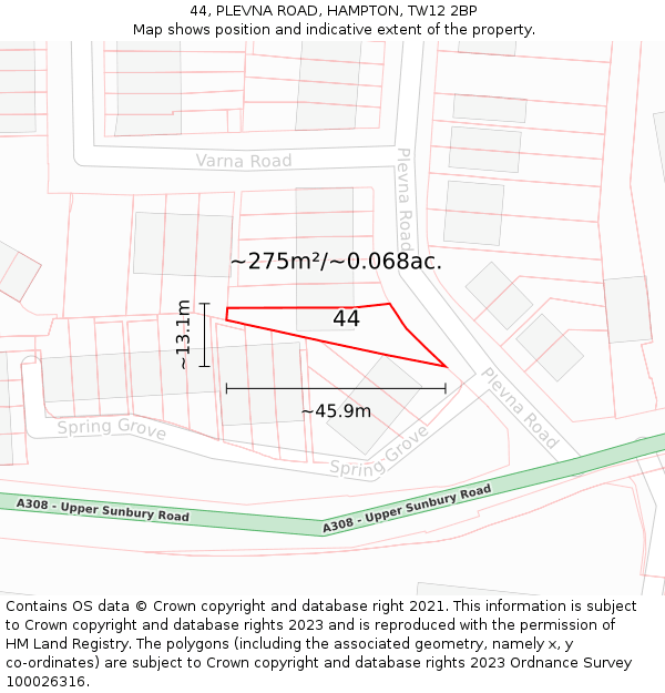 44, PLEVNA ROAD, HAMPTON, TW12 2BP: Plot and title map
