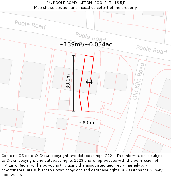 44, POOLE ROAD, UPTON, POOLE, BH16 5JB: Plot and title map