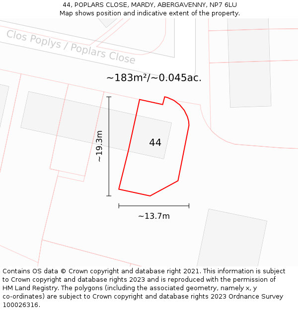 44, POPLARS CLOSE, MARDY, ABERGAVENNY, NP7 6LU: Plot and title map
