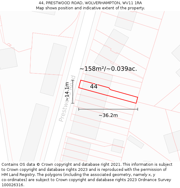 44, PRESTWOOD ROAD, WOLVERHAMPTON, WV11 1RA: Plot and title map