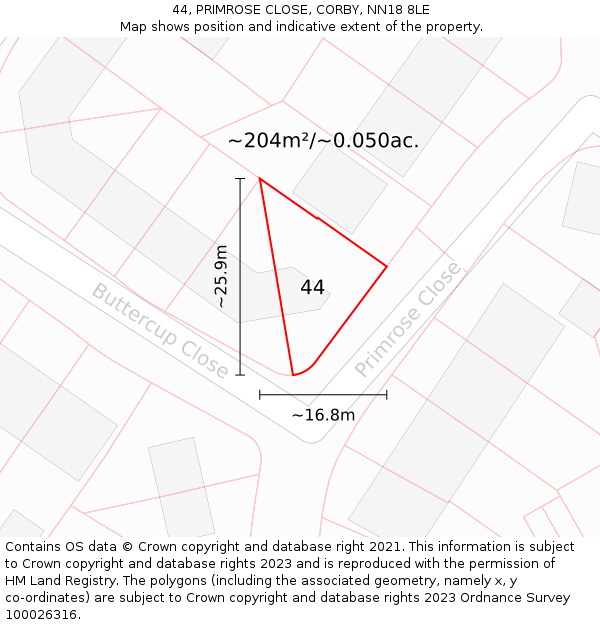 44, PRIMROSE CLOSE, CORBY, NN18 8LE: Plot and title map