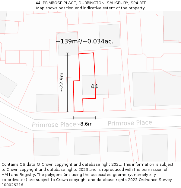 44, PRIMROSE PLACE, DURRINGTON, SALISBURY, SP4 8FE: Plot and title map