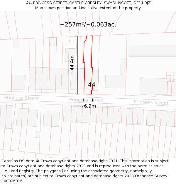 44, PRINCESS STREET, CASTLE GRESLEY, SWADLINCOTE, DE11 9JZ: Plot and title map