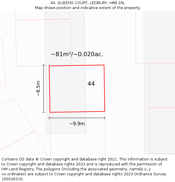 44, QUEENS COURT, LEDBURY, HR8 2AL: Plot and title map