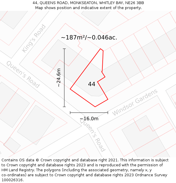 44, QUEENS ROAD, MONKSEATON, WHITLEY BAY, NE26 3BB: Plot and title map