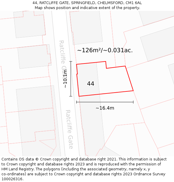 44, RATCLIFFE GATE, SPRINGFIELD, CHELMSFORD, CM1 6AL: Plot and title map