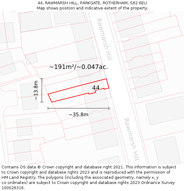 44, RAWMARSH HILL, PARKGATE, ROTHERHAM, S62 6EU: Plot and title map