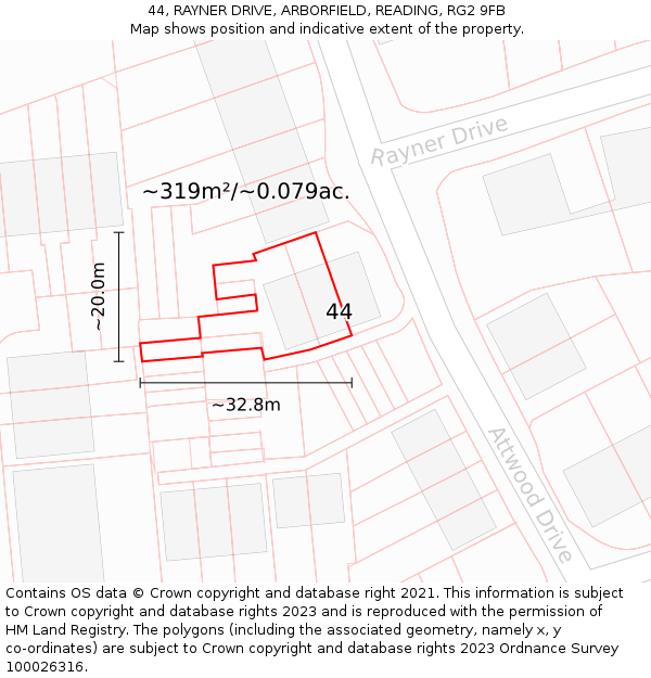 44, RAYNER DRIVE, ARBORFIELD, READING, RG2 9FB: Plot and title map
