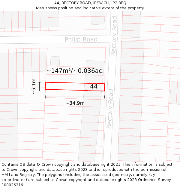 44, RECTORY ROAD, IPSWICH, IP2 8EQ: Plot and title map