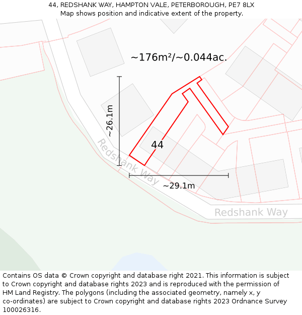 44, REDSHANK WAY, HAMPTON VALE, PETERBOROUGH, PE7 8LX: Plot and title map