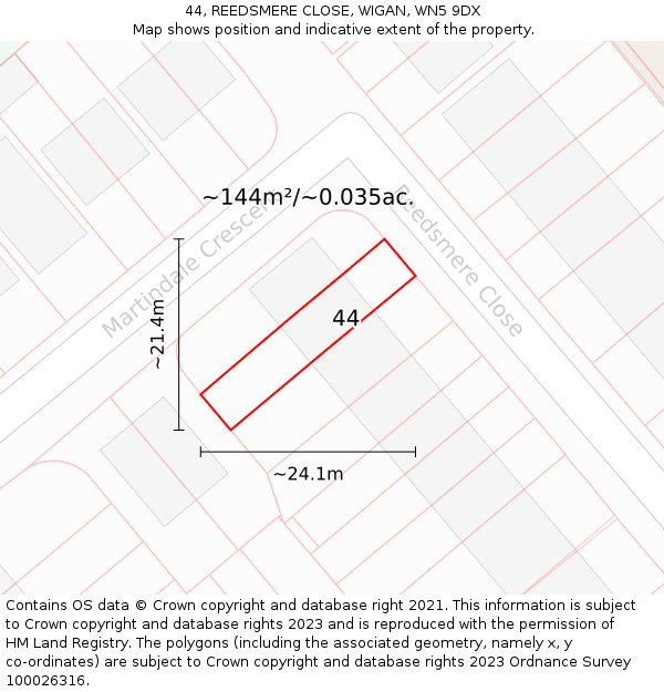 44, REEDSMERE CLOSE, WIGAN, WN5 9DX: Plot and title map