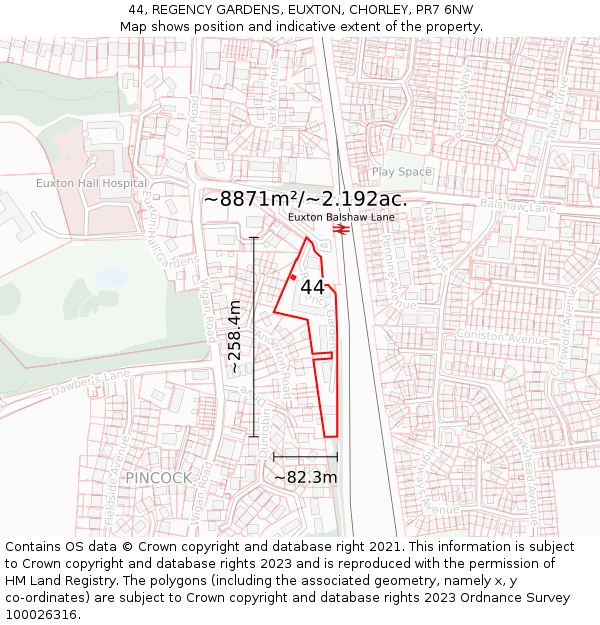 44, REGENCY GARDENS, EUXTON, CHORLEY, PR7 6NW: Plot and title map