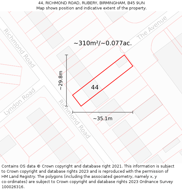 44, RICHMOND ROAD, RUBERY, BIRMINGHAM, B45 9UN: Plot and title map