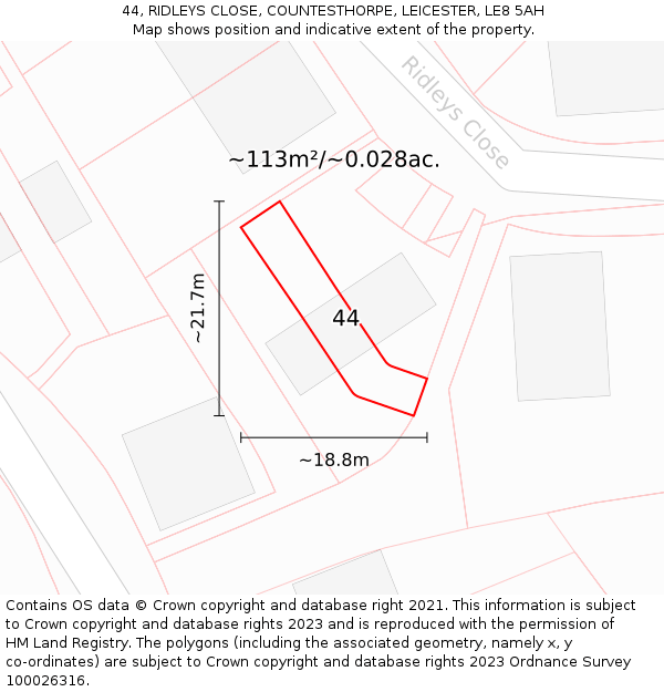 44, RIDLEYS CLOSE, COUNTESTHORPE, LEICESTER, LE8 5AH: Plot and title map