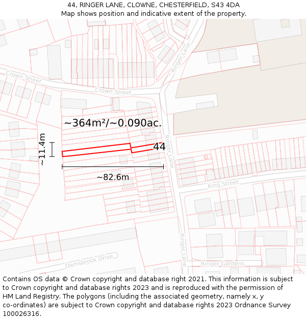 44, RINGER LANE, CLOWNE, CHESTERFIELD, S43 4DA: Plot and title map
