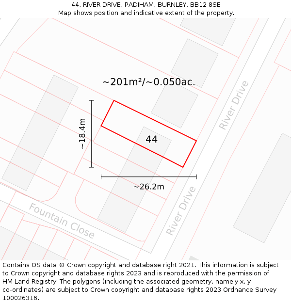 44, RIVER DRIVE, PADIHAM, BURNLEY, BB12 8SE: Plot and title map