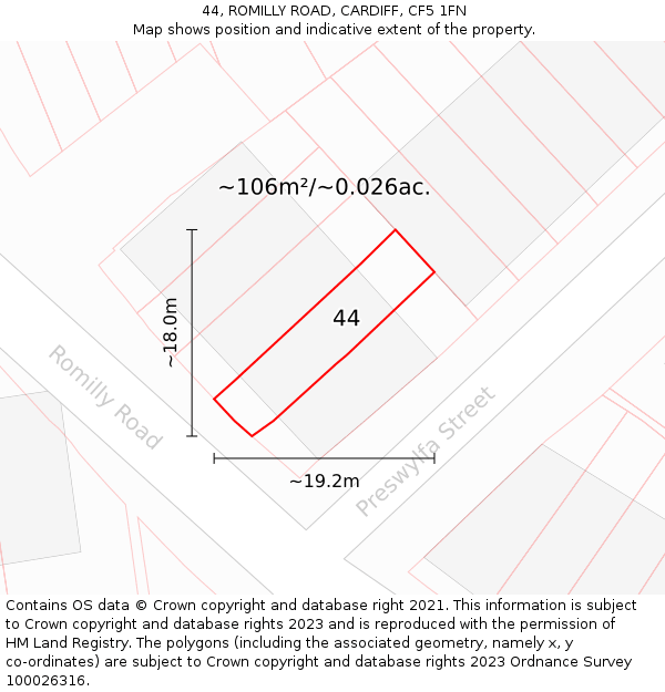 44, ROMILLY ROAD, CARDIFF, CF5 1FN: Plot and title map
