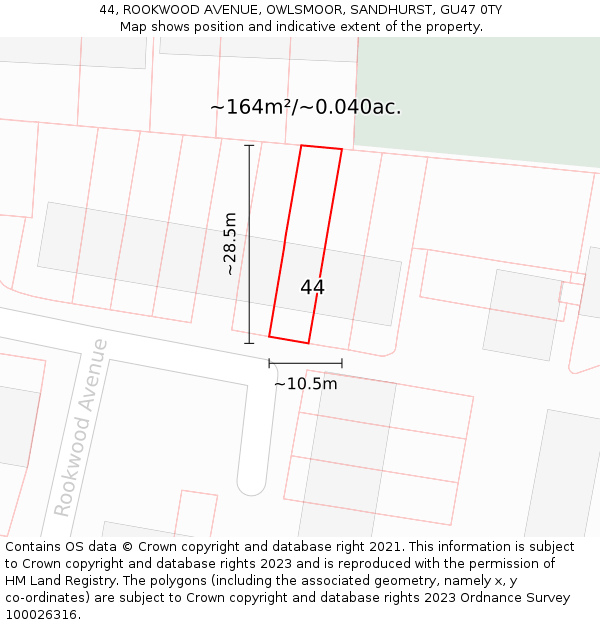 44, ROOKWOOD AVENUE, OWLSMOOR, SANDHURST, GU47 0TY: Plot and title map