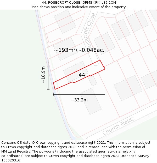 44, ROSECROFT CLOSE, ORMSKIRK, L39 1QN: Plot and title map
