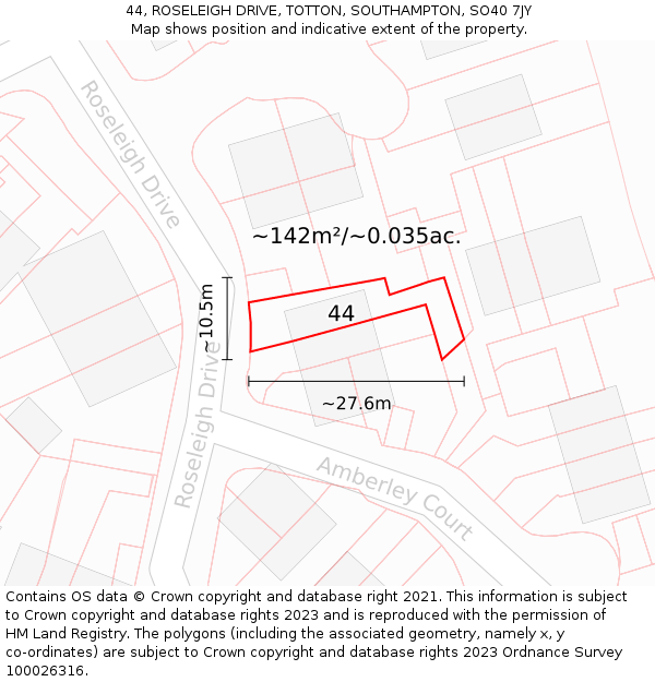 44, ROSELEIGH DRIVE, TOTTON, SOUTHAMPTON, SO40 7JY: Plot and title map