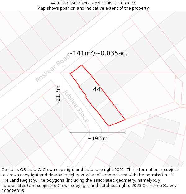 44, ROSKEAR ROAD, CAMBORNE, TR14 8BX: Plot and title map