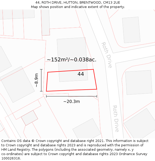 44, ROTH DRIVE, HUTTON, BRENTWOOD, CM13 2UE: Plot and title map