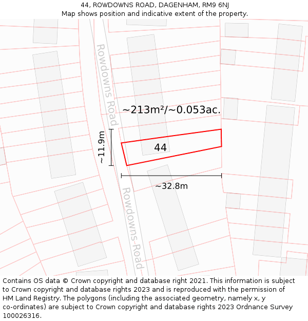 44, ROWDOWNS ROAD, DAGENHAM, RM9 6NJ: Plot and title map