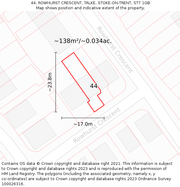 44, ROWHURST CRESCENT, TALKE, STOKE-ON-TRENT, ST7 1GB: Plot and title map