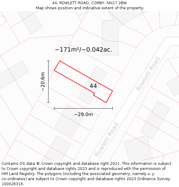44, ROWLETT ROAD, CORBY, NN17 2BW: Plot and title map