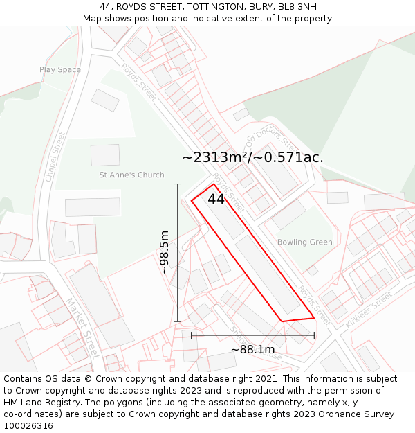 44, ROYDS STREET, TOTTINGTON, BURY, BL8 3NH: Plot and title map