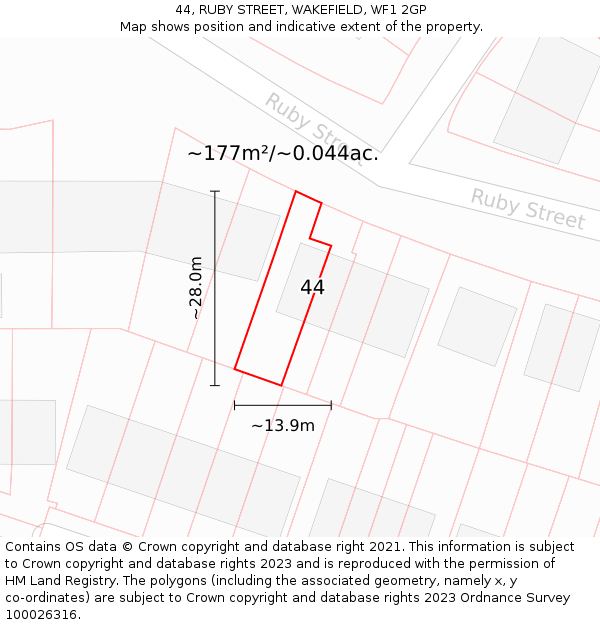 44, RUBY STREET, WAKEFIELD, WF1 2GP: Plot and title map