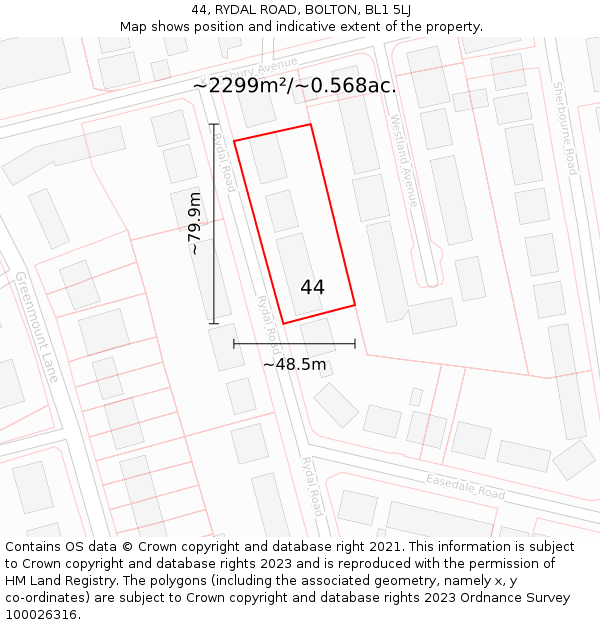 44, RYDAL ROAD, BOLTON, BL1 5LJ: Plot and title map