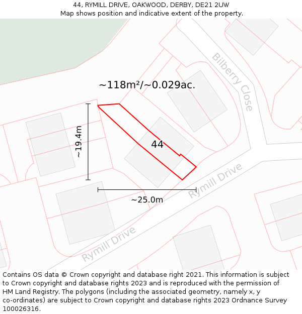 44, RYMILL DRIVE, OAKWOOD, DERBY, DE21 2UW: Plot and title map