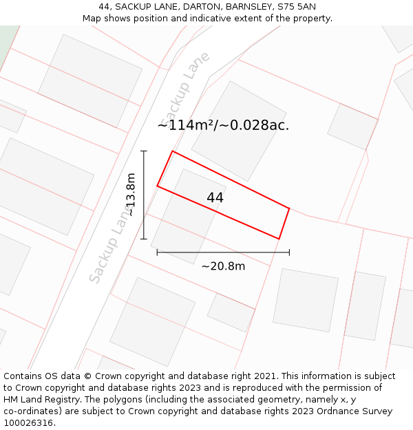 44, SACKUP LANE, DARTON, BARNSLEY, S75 5AN: Plot and title map