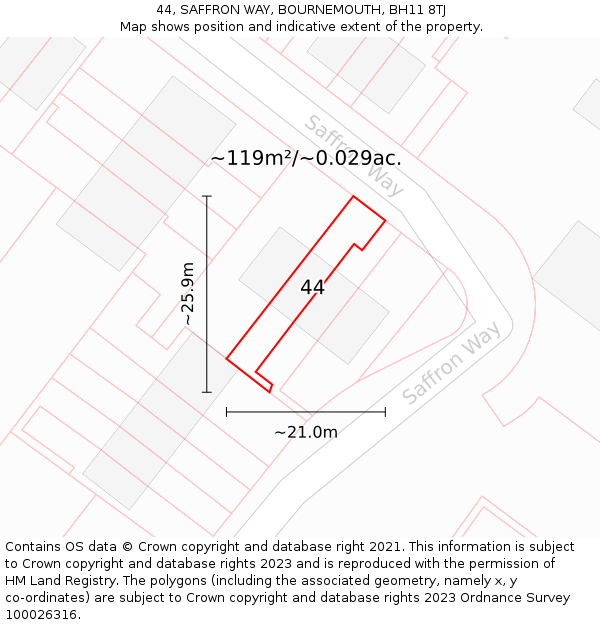 44, SAFFRON WAY, BOURNEMOUTH, BH11 8TJ: Plot and title map