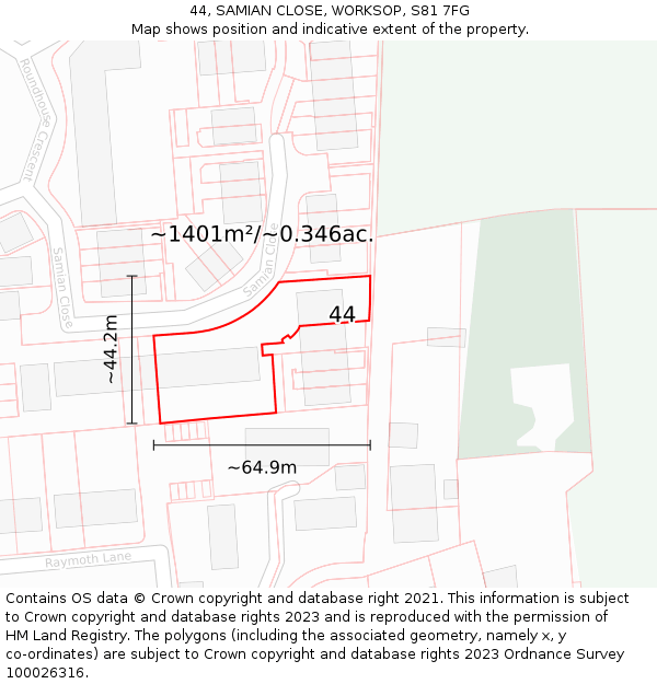 44, SAMIAN CLOSE, WORKSOP, S81 7FG: Plot and title map